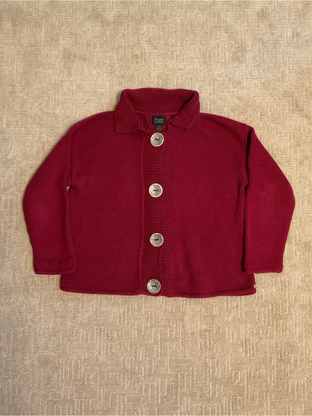 Pure Handknit Women Cardigan Sweater Red L/XL Boho Cottagecore Minimalist Chic